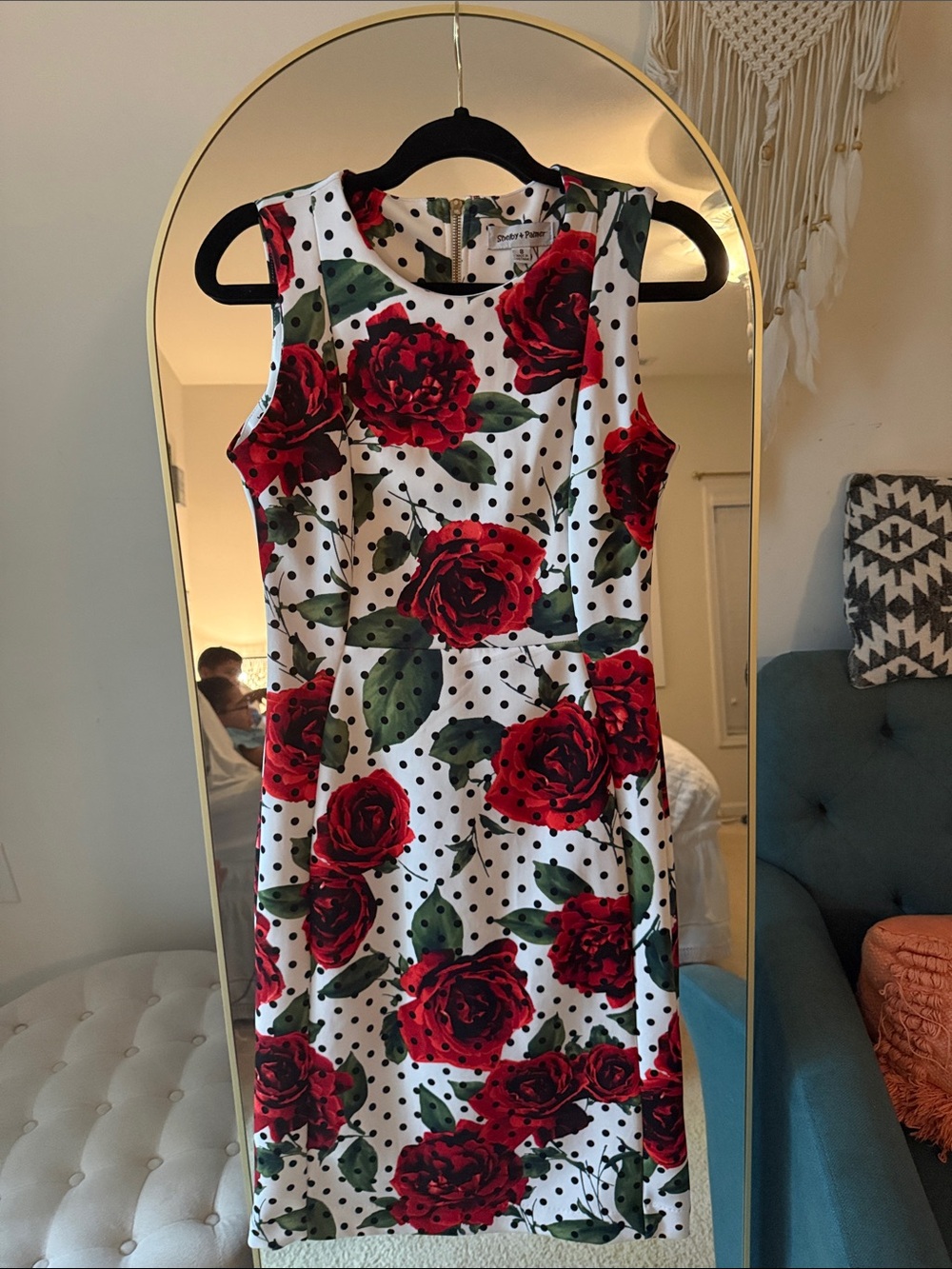Shelby & Palmer White Sleeveless Dress with Red Rose & Green Leaf Print